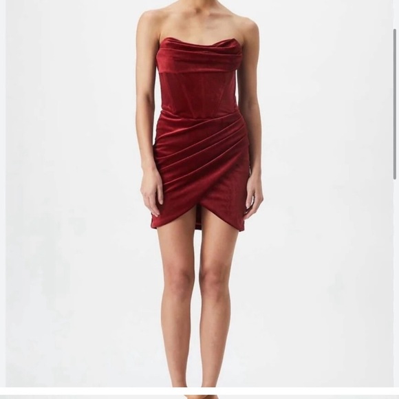 NWT Bardot CLAUDETTE MINI DRESS in rust - velvet maroon - Medium - Picture 7 of 11